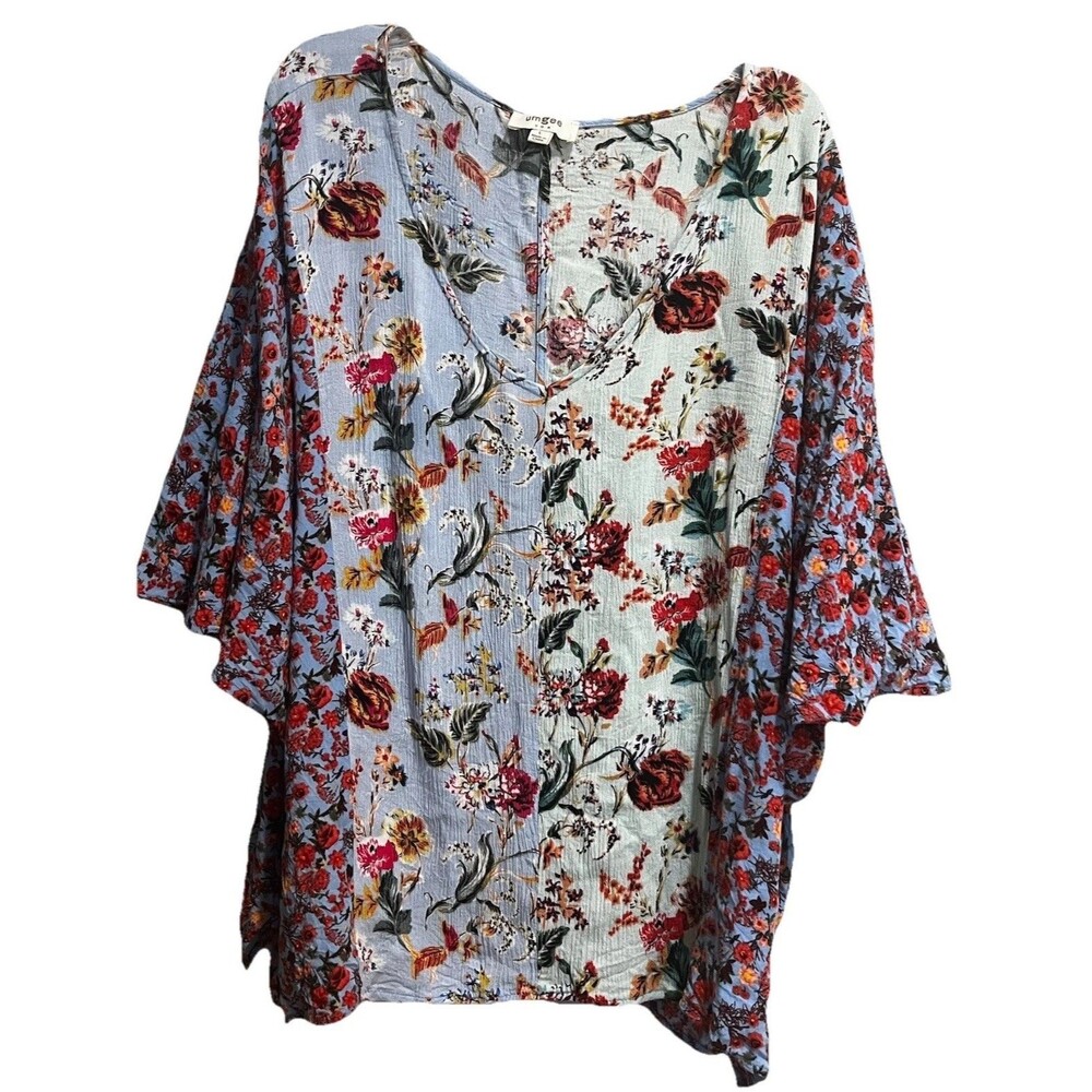 Umgee Women's L Floral Boho Top Multi-Colored Relaxed Boxy Fit Slit Sides V-Neck